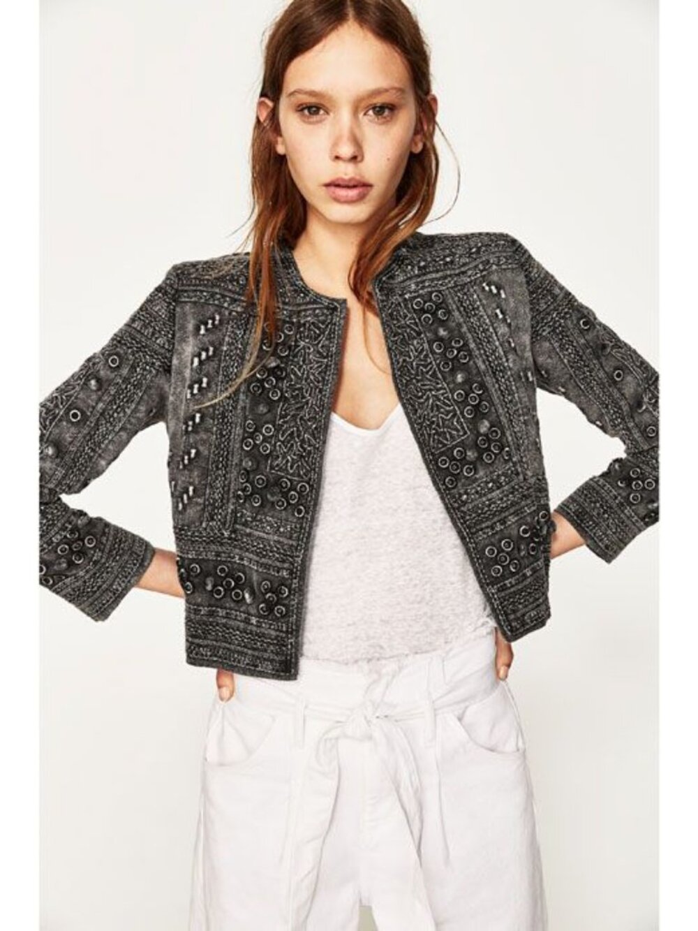 Zara Embroidered Charcoal Cropped Jacket